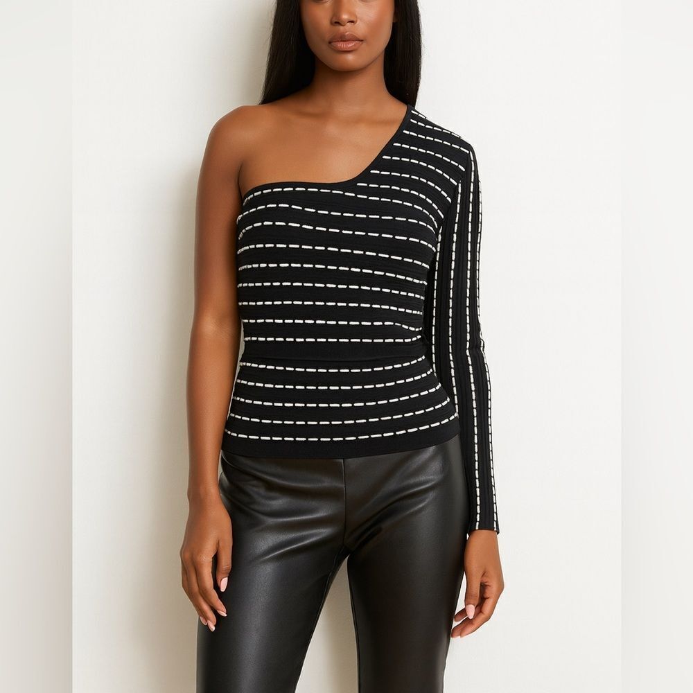RONNY KOBO Black White Stretch One-Shoulder Knit Sweater Size S